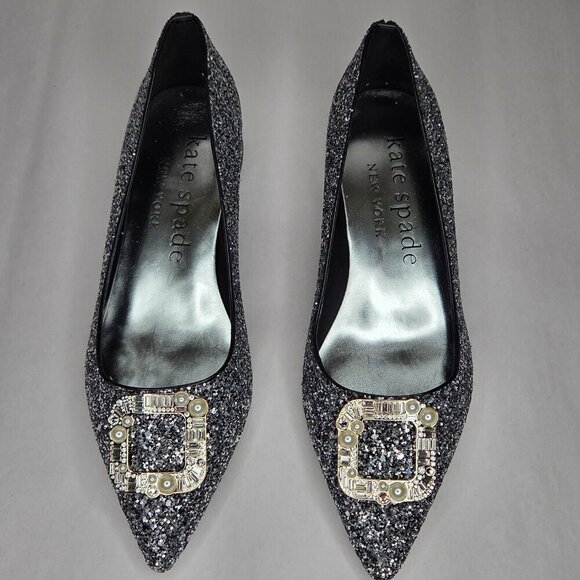 Kate Spade Shoes - Kate Spade Buckle Up Glitter Flats - Black Silver, Size: 8 B